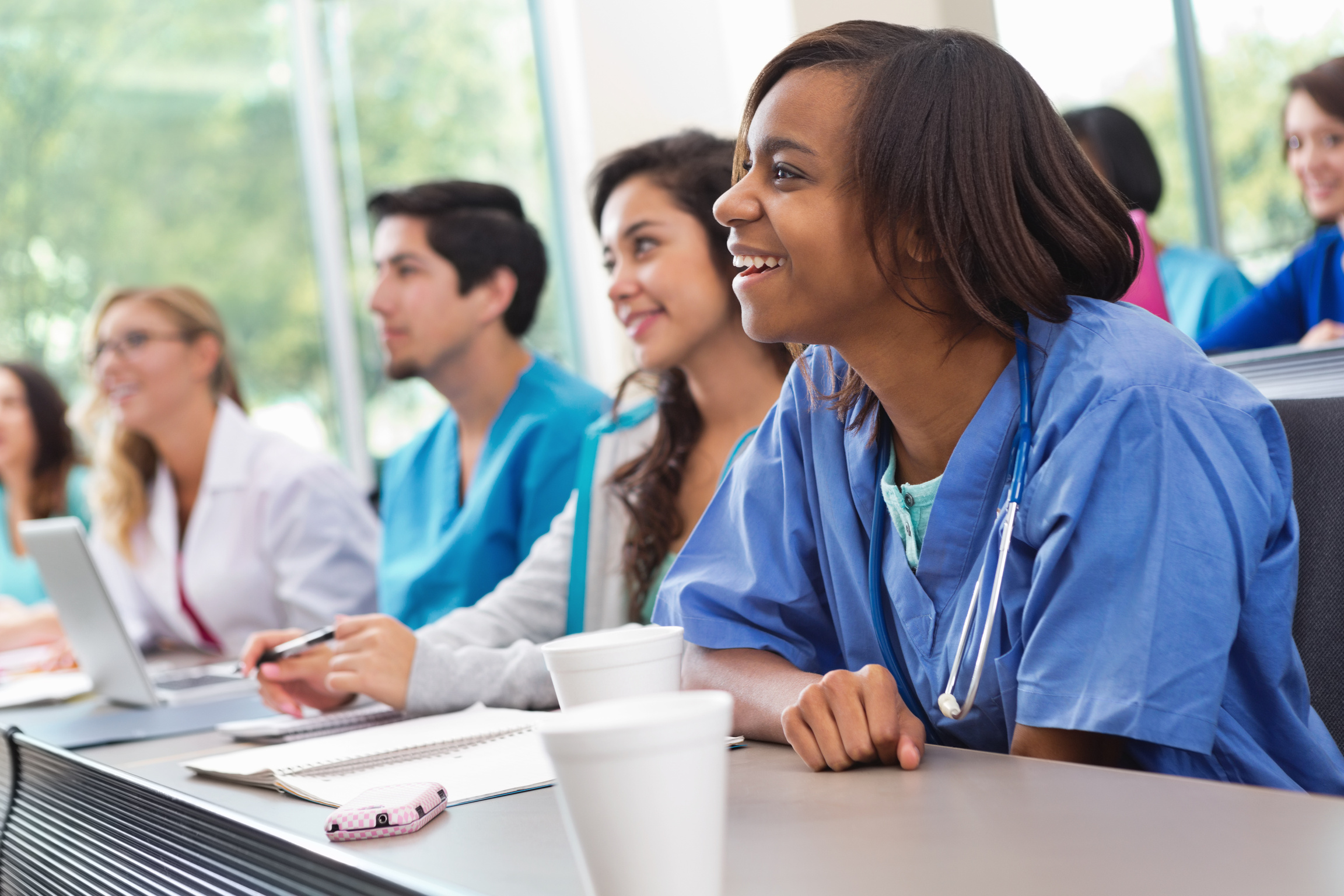 Diverse group of medical or nursing school students in classroom